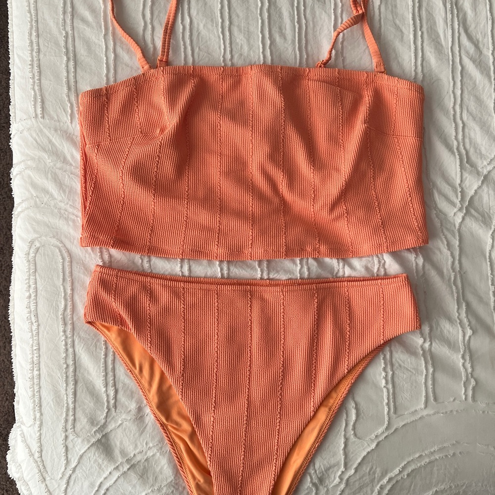 Aerie Crinkle Longline Bandeau Bikini Two Piece Set Ribbed Orange Plus XXL XL